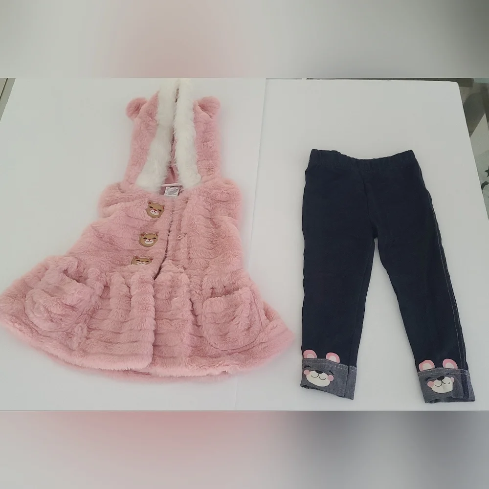 Girl Little Lass Kids Pink Bear Vest Hoodie and Pant Set Size Toddler 2T - Picture 2 of 10